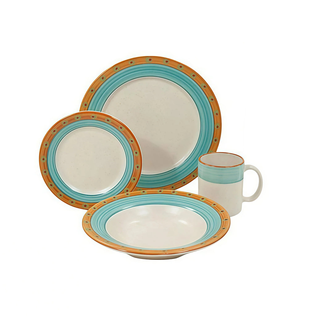 Orange and Blue Bordered White Ceramic Dinnerware Set