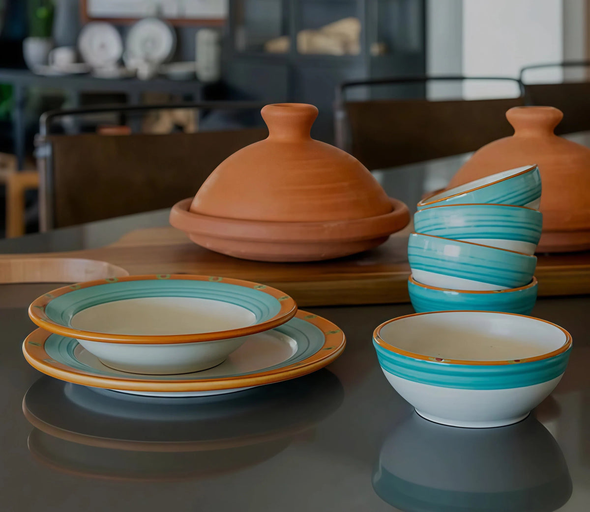 Orange and Blue Bordered White Ceramic Dinnerware Set