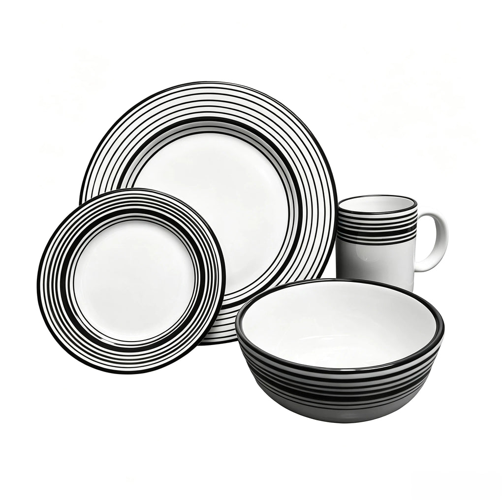 White Ceramic Dinnerware Set with Black Striped Edges