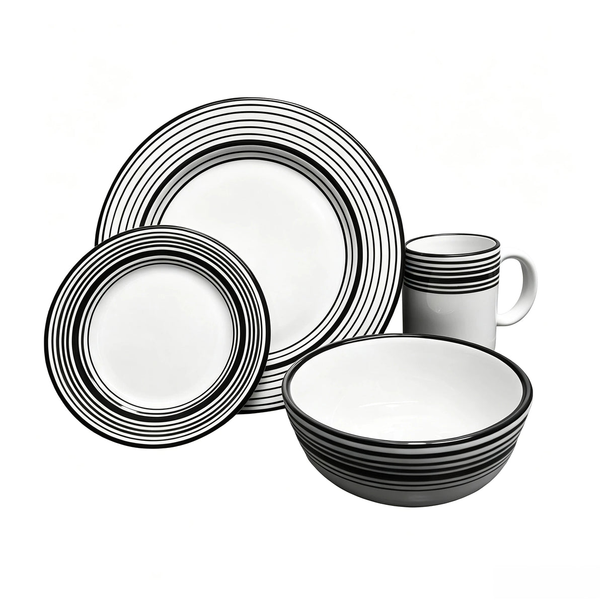 White Porcelain Dinnerware Set with Black Striped Edges