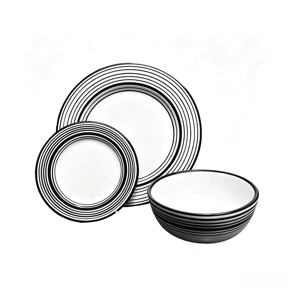 White Ceramic Dinnerware Set with Black Striped Edges