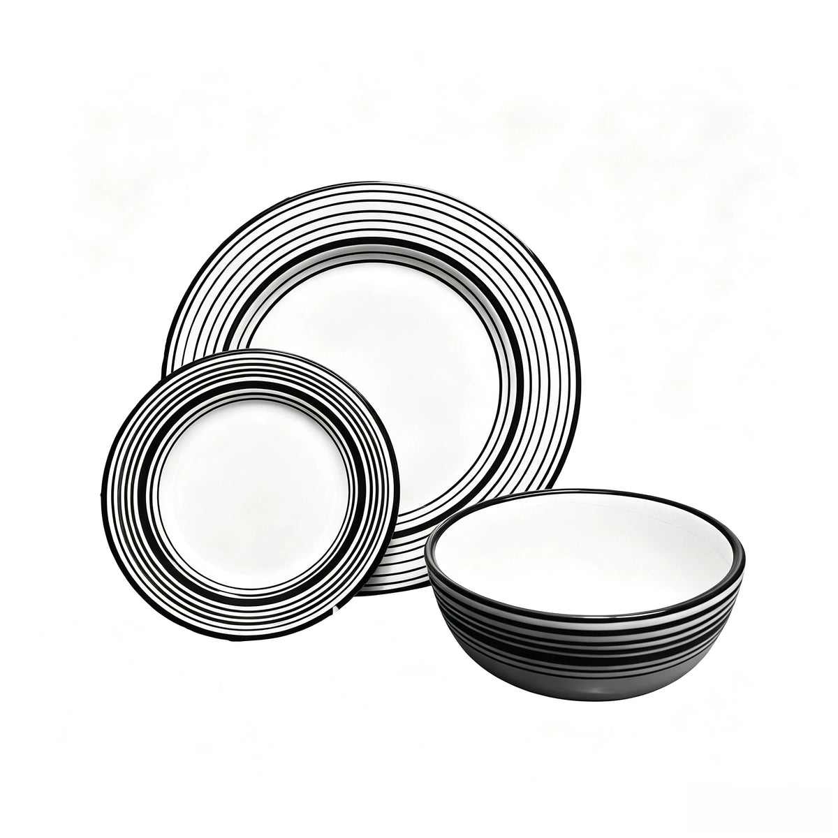 White Porcelain Dinnerware Set with Black Striped Edges