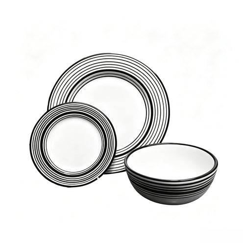 White Porcelain Dinnerware Set with Black Striped Edges